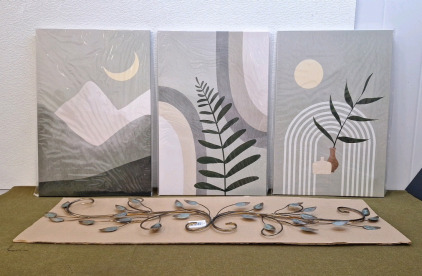 (1) 3-Panel Set Of Abstract Canvas Wall Art, Each Panel Is 16"W x 24"T & (1) Enchanting Leaves, Metal Wall Decoration 40"L x 10"T