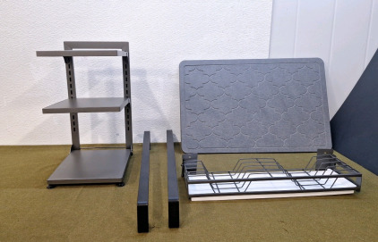 (1) 3-Tier Cabinet Storage Rack, 9"W x 11"D x 17.5"H, (2) 24" Carbon Steel Towel Bars, (1) Wall Mount Dish Drying Rack & (1) Diatomite Stone Mat, 24"L x 16"W