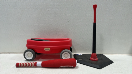 (1) Franklin Tilting Baseball Tee, (1) Little Tikes Red Plastic Wagon, (1) Junior Sports Grip Bat Foam Bat