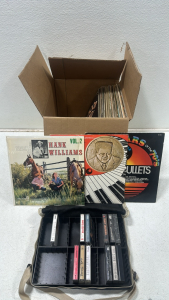 (35) Collection of Various Vinyl Records Including: Willie Nelson, Grateful Dead, Fats Domino, Deep Purple, and Much More, (12) Assortment of Cassette Tapes in Carrying Case