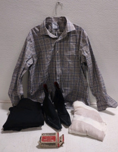 (1) Size 16&frac12;-34 Regular Mens Dress Shirt, (2) Pairs of Assorted Style (Black) Slacks, (1) Size Medium in Women's Fleece (Tan/White) Long Sleeve Shirt, & More