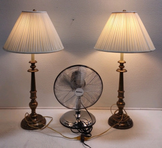 (1) Holmes Vintage Metal Swivel Fan & (2) Matching Vintage Brass Candlestick Lamps w/ Shades