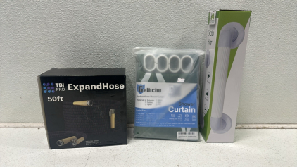 (1) TBI Pro 50&rsquo; Expanding Flexible Fabric Hose, (1) Dr. Maya Shower Safety Grab Bar, (1) Green Polyester Shower Curtain