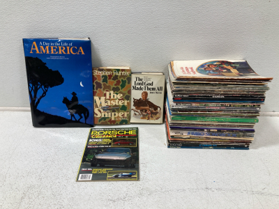Stack Of Assorted Songbooks, (3) Hardcover Books, (1) Porsche Magazine