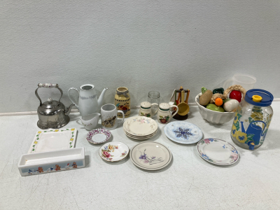 (2) Tea Pots, Glass Cups & Plates, Ceramic Decorative Fruits In Bowl & More