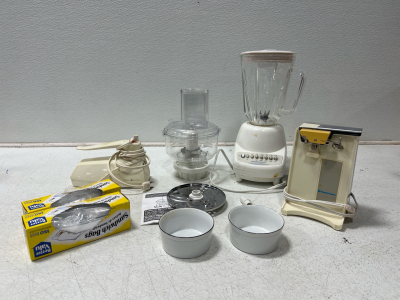 Assorted Kitchen Items, Hamilton Beach Blender And Food Processor , Toastmaster Electric Can Opener, General Electric Hand Mixer- No Attachments And More