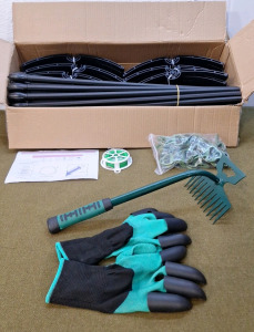 (1) 3-Pack Of Tomato/Vegetable Cages & (1) Hand Weeding Rake & Gloves Set