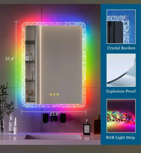 (1) HNEBC LED Bathroom Mirror W/ RGB Light, Wall Mounted Mirror W/Crystal Frame, Smart LED Mirror, 24"W x 36"T<br/>