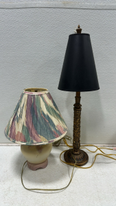 (1) Ornate Dark Gold Lamp w/ Black Shade, (1) Pink and Yellow Ceramic Lamp w/ Multi-Color Shade