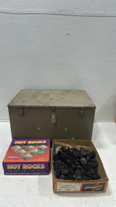 Large Locking Metal Storage Box (22&rdquo; x 14&rdquo; x 13&rdquo;), Hot Rocks Ceramic Grilling Tiles, Box of Charcoal