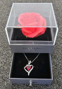 Preserved Rose W/ Jewelry Box And Ruby Red Heart Necklace