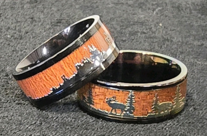 His And Hers Inverted Silhouette Buck/Does Forest Ring Set- His Size 8 And Hers Size 7
