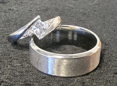 His Titanium And Hers Sterling Silver White Crystal Sapphire Ring Set- His Size 9 Amd Hers Size 6