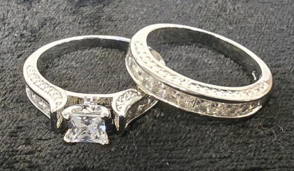 Womans Sterling Silver With White Crystal Sapphire Princess Cut Stone, Bridal Set- Size 8.5
