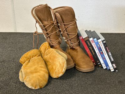 Pair Of Just Fab Winter Boots, Leather Padded Mittens and DVD Movies