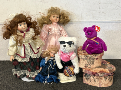 Vintage Collectible Dolls, Heart Shaped Storage Containers, and Beanie Baby