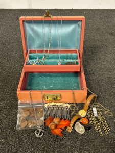 Peach Colored Jewelry Box With Contents