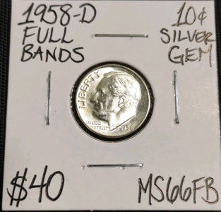 1958&D MS66FB Full Bands Gem Silver Dime