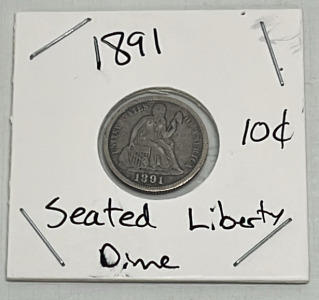 1891 Seated Liberty Ten Cent Coin (Carded)