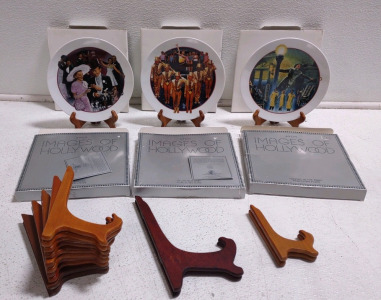 (3) Avon "Images of Hollywood" Porcelain Plate Collection, (4) 5" Wooden Plate Display Stands, (5) 7" Wooden Plate Display Stands, & (1) 9" Wooden Plate Display Stands