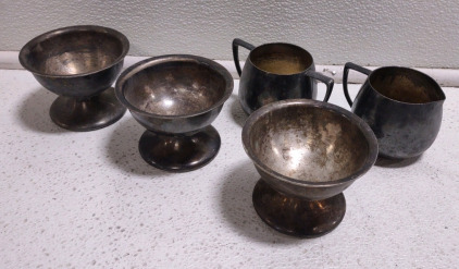 (3) Victor S.Co-Silver Soldered Pedestal Bowls & (2) Quadruple Plate Cream & Sugar Bowls