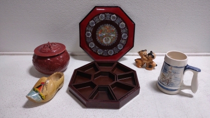 Large Japanese Enamel Sectional Box, Hand Painted Great Land Keep Sake Mug of Alaska, a Klog Hand Carved & Painted in Holland, & More