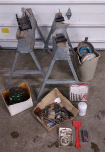 Foldable Saw Horses w/ Switchable Blade Saw, a Box Full of Assorted Screws, a Box of Assorted Wrenches, Plyers, & Much More