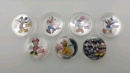 (7) Disney Characters Silver Plated Collector Coins