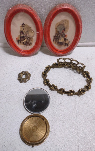 (1) Gold Plated Copper Floral Picture Frame, (2) 3D Picture Art Framed, (1) Rigu "Fifth Avenue" Powder Make-up Case from 1920's-1930's, & More
