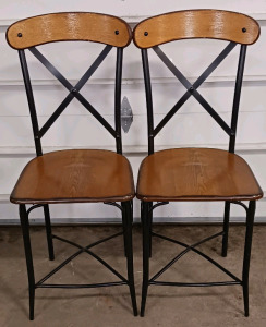 (2) Black Metal Dining Chairs w/ Wood Seat & Back