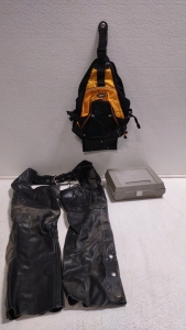(1) Hikers "Case-It" Sand Bag/ Water Bag Backpack, (1) Craftsman Shears w/ Attachments, & (1) Pair of X Element Advanced Motorcycle Over Pants