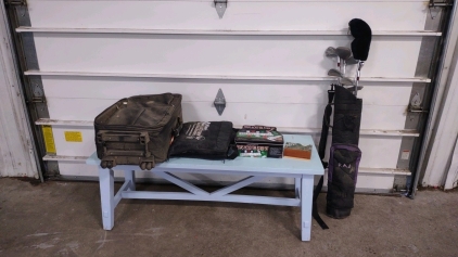 48"x 18"x 18&frac14;" (Light Blue) Coffee Table, a Rad Golf Club Bag w/ (10) Assorted Golf Clubs, a Texas Hold'em Poker Set, & More