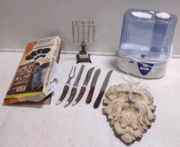 Classic Green Man Wall Hanging Sculpture, ReliOn-Humidifier, (4) Assorted Carving/ Cutting Knives, (1) Japanese 2-Prong Fork, (1) Vintage Center Piece Napkin Holder, & More