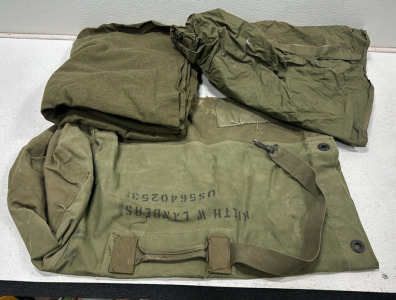 Vintage U.S. Army Canvas Duffel Bag, Vintage U.S. Army Rubber Lined Duffel Bag, Vintage U.S. Army Fleece Blanket