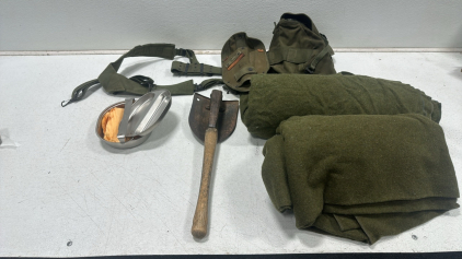 Vintage U.S. Army Tactical Belt w/ (2) Pouches, Vintage U.S. Army Mess Pan and Plate, Folding Tactical Spade, (2) Vintage U.S. Army Fleece Blankets