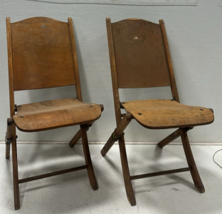 (2) Antique Folding Wooden Chairs w/ Girls Scout Insignia