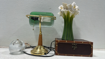 Vintage Brass Desk Lamp w/ Green Glass Shade, Vintage Solid Glass Orb Oil Lamp, Vintage Bunch of Calla Lillies Vase, Small Faux Leather Trunk (11.5&rdquo; x 7.5&rdquo; x 5&rdquo;)