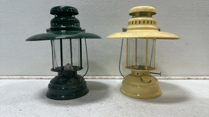 (2) Vintage Oil Lamps - (1) Green Lamp, (1) Yellow Lamp