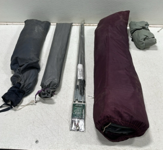 (2) Tent Pole Kits, Large Grey Tent Tarp, (2) Fabric Tarps for Camping (More Info in Photos)