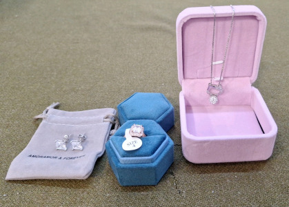 (3) Pieces Of Cosmetic Jewelry, (1) Hello Kitty Pendant & Chain, (1) Size 4 Ring & (1) Pair Of Earrings