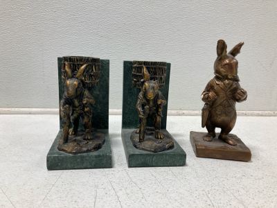 (2) Vintage Bronze Colored Rabbit Bookends, (1) Vintage Bronze Rabbit Statue