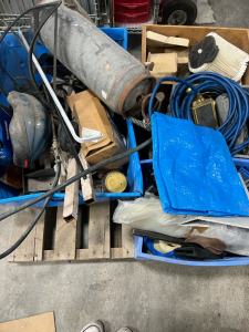 (1) Pallete Of Assorted Items, Sprayer, Tarp, Ligh Fixtures, Helmets, And More