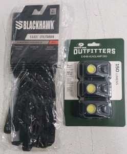 (2) Tactical Essentials - Blackhawk Gloves (1) Mossy Oak Outfitters COB Headlamp 150