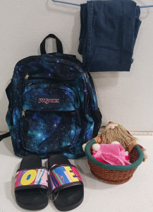 (4) Everyday Essentials - Jansport Backpack (1) A.N.A. Jeans 8 (1) Adidas Slides Love Unites (1) Basket w/ Fabric
