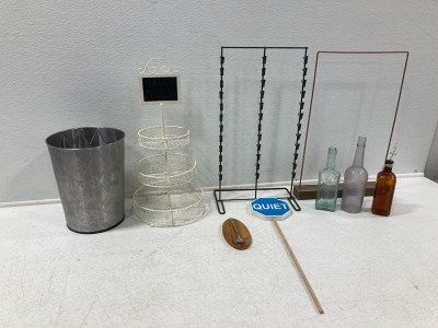 Jewlery Displays, (3) Glass Bottles, Trash Bin & More