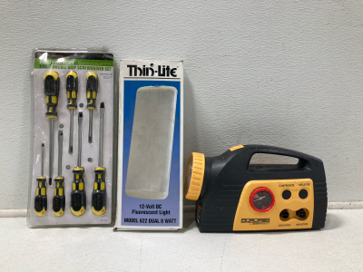 7 PC. Double Grip Screwdriver Set, Thin-Lite 12-Volt DC Fluorescent Light, 5 In 1 Air Compressor