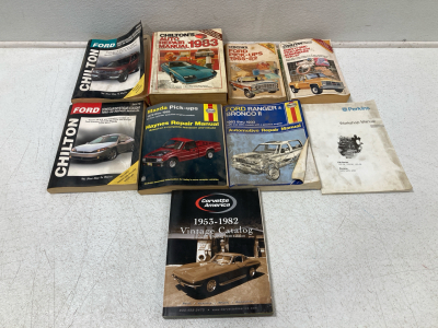 (8) Car Manuals, (1) 1953-1982 Vintage Car Catalog