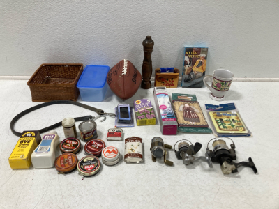 Shoe Polish, Dyes, Wooden Salt Shaker, (3) Fishing Reels, Hone Decor & More