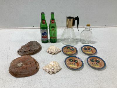 (2) Antique 7up Bottles, (4) Glass Plates, (4( Shell Decorations, Syrup Bottle