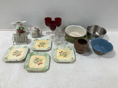 (4) Decorative Plates, (6) Glass Ashtrays w/ Stand, Antique Tea Pot & More